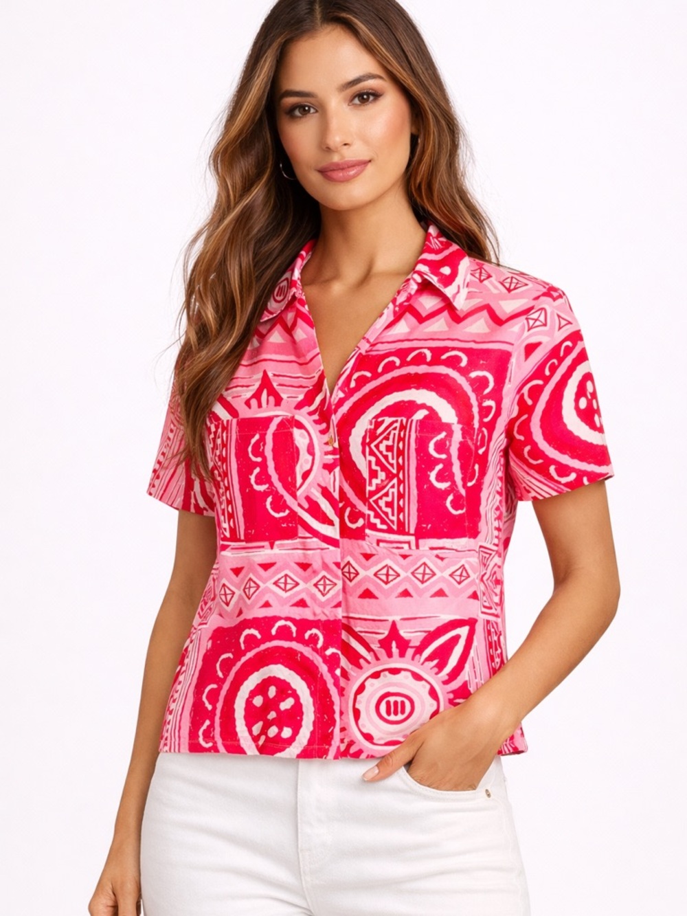 Rachel Zoe Women’s Tribal Print Button Shirt Pink Short Sleeve Top Size XS